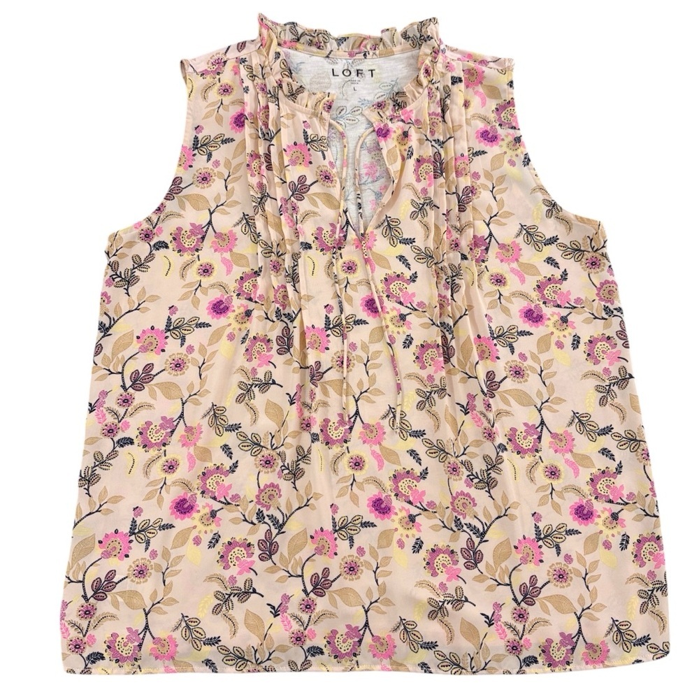 LOFT Floral Pintucked Ruffle Tie Neck Blouse Large - Picture 2 of 10